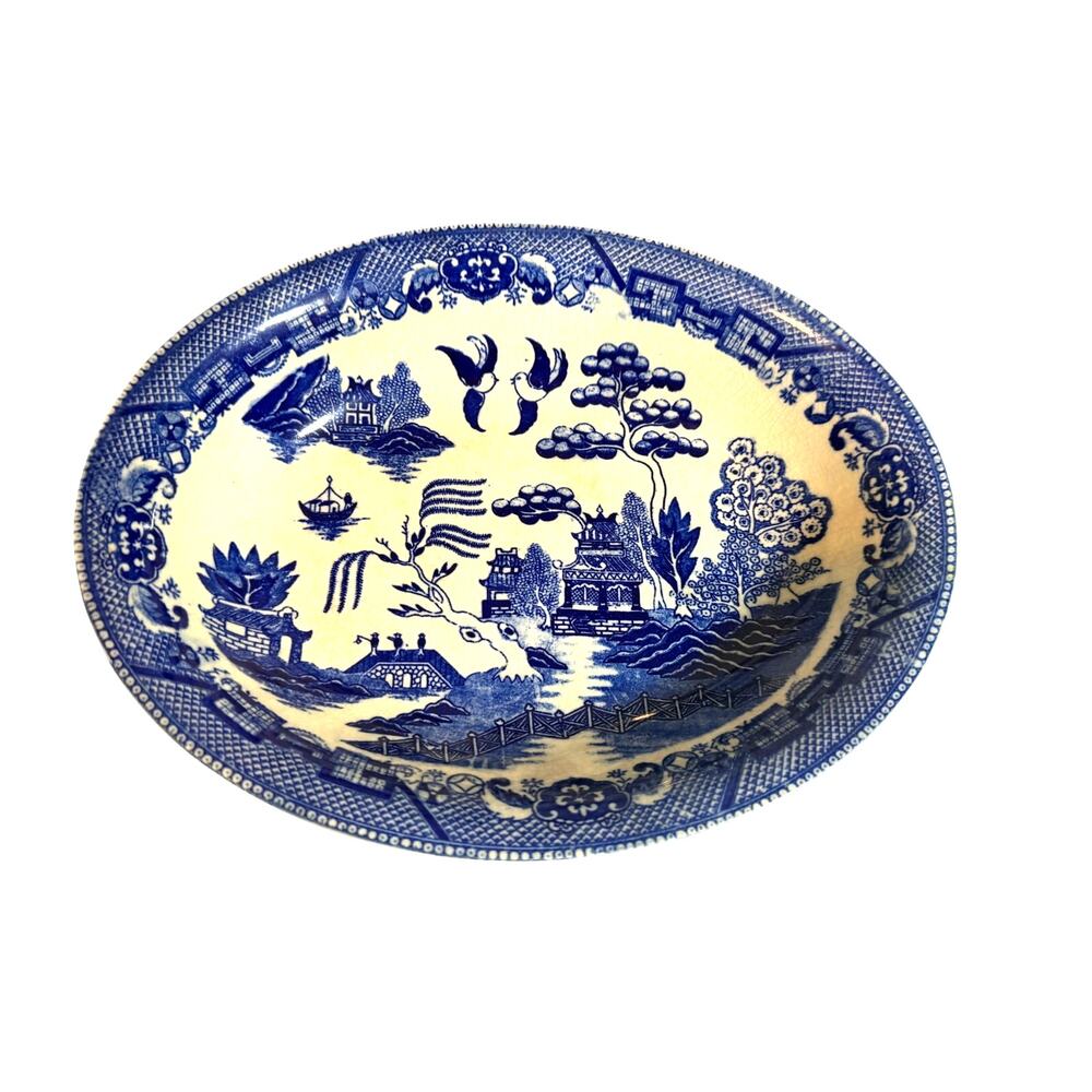 Vintage Blue Willow Oval Serving Bowl Love Birds Y.S Japan cottagecore
